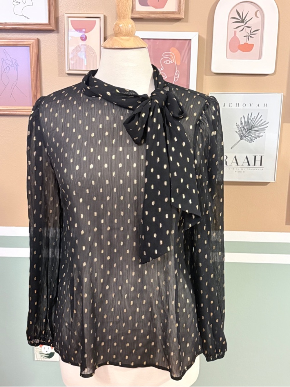 ModCloth Sheer Black Bow Tie Blouse with Gold Dot Print